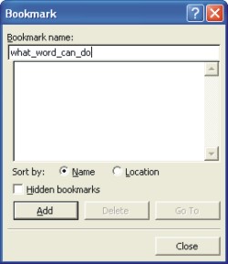 Microsoft Word Help: bookmark dialog box