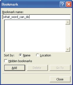 Microsoft Word Help: bookmark dialog box