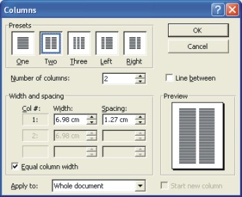 Microsoft Word Help: columns dialog box