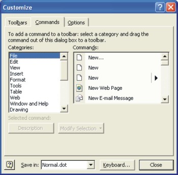 Microsoft Word Help: customize dialog box