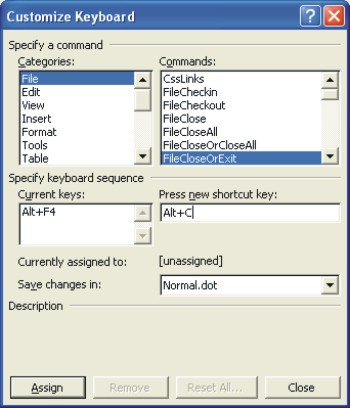 Microsoft Word Help: customize keyboard dialog box