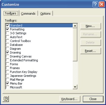 Microsoft Word Help: customize toolbars dialog box