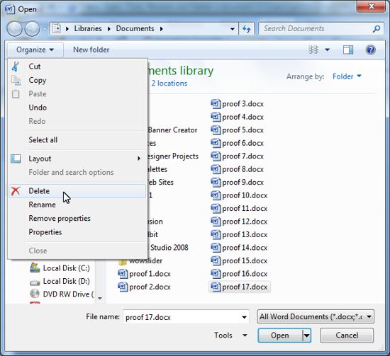 Word 2007 Tutorial: Delete file command