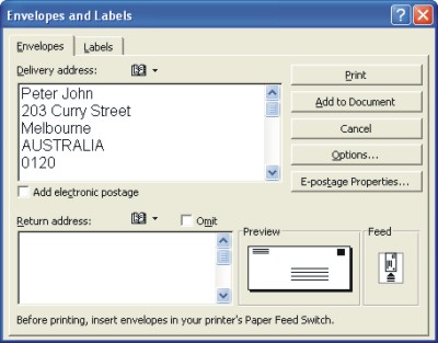 Word Envelopes: envelopes dialog box