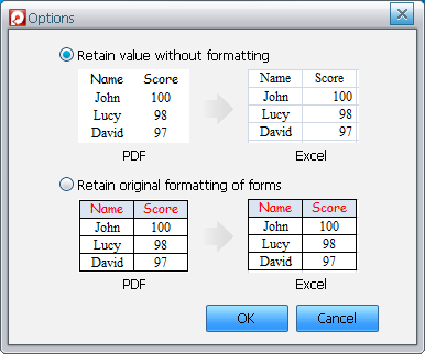 Convert PDF to Excel with AnyBizSoft PDF Converter - options dialog box