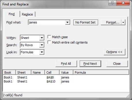 How to use Microsoft Excel: Find dialog box expanded