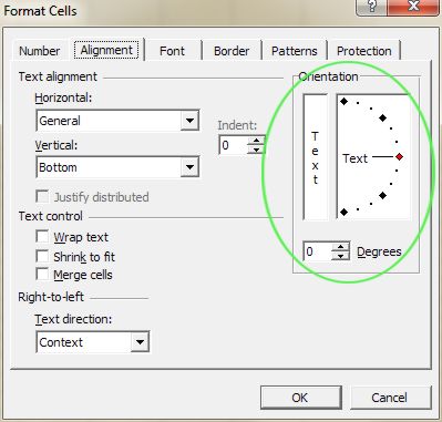 Microsoft Office Excel: Format Cells dialog box - Alignment tab for Text Direction
