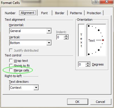 Microsoft Office Excel: Format Cells dialog box - Alignment tab to merge cells