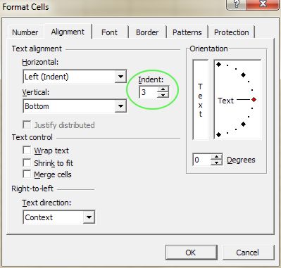 Microsoft Office Excel: Format Cells dialog box - Alignment tab to change the indent