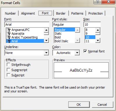 Microsoft Office Excel: Format Cells dialog box - Font tab