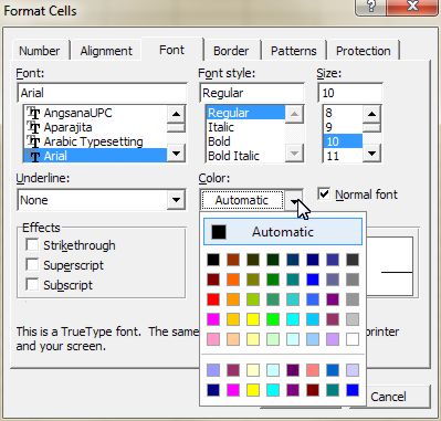Color palette for excel content: Format Cells - Font tab dialog box
