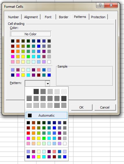 Color Palette for Excel: Format Cells - Patterns tab dialog box 2