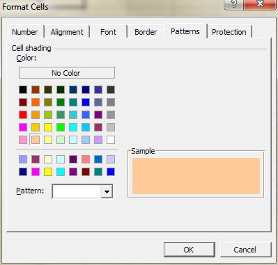 Color Palette for Excel: Format Cells - Patterns tab dialog box