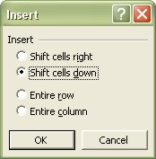 Excel Worksheets: Insert dialog box