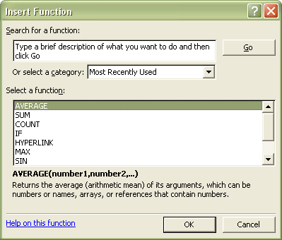 Excel Functions: Insert Function dialog box