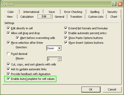 Excel for Dummies: Options dialog box's Edit tab
