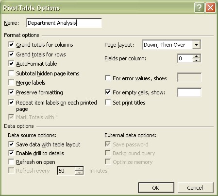 Excel Pivot Table Options dialog box