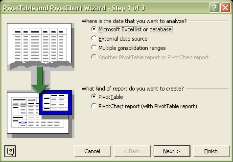 Excel Pivot Table Wizard step 1 dialog box