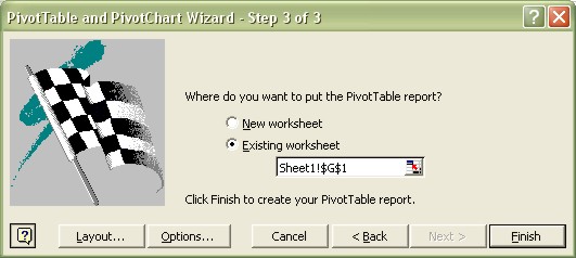 Excel Pivot Table Wizard step 3 dialog box