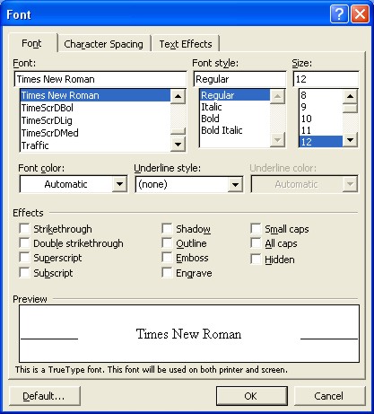 Microsoft Word Fonts dialog box: Font