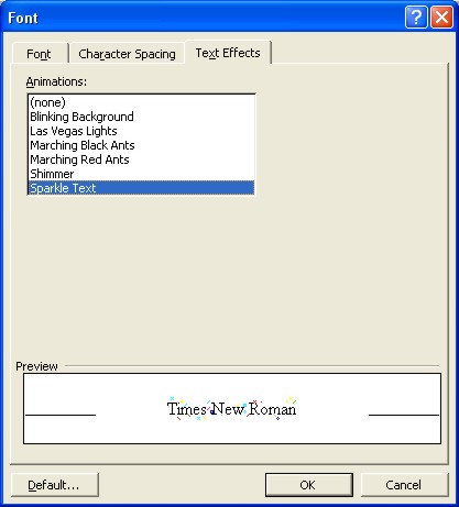 Microsoft Word Fonts dialog box: Text Effect