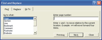 Microsoft Word Help: go to dialog box