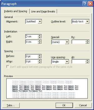 Microsoft Word Help: indents and spacing dialog box