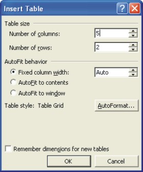 Word Tables: insert table dialog box