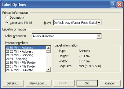 Word Labels: Label Options dialog box