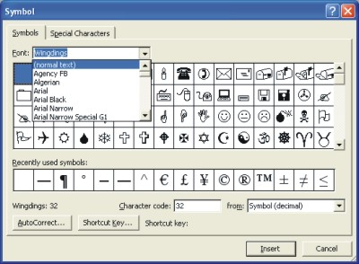 microsoft word symbols : symbol dialog box XP