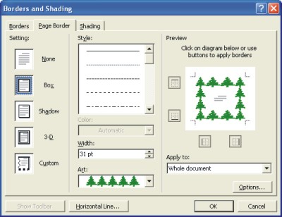 borders for Word documents dialog box XP