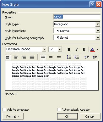 Microsoft Word Help: create a new style with the new style dialog box