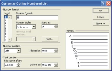 Microsoft Word Help: customize outline numbered list dialog box