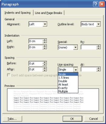 Microsoft Word Help: paragraph dialog box