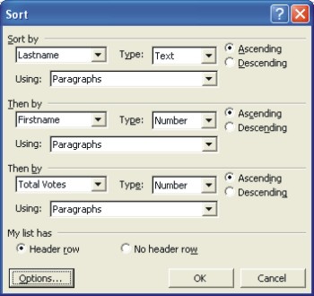 Sort a Word Table: sort dialog box