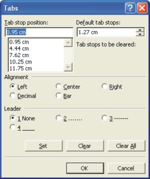 Microsoft Word Help: Tabs dialog box