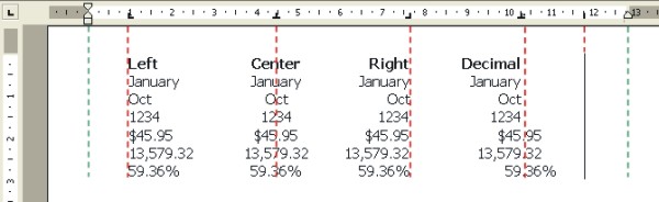 Microsoft Word Help: example of tab settings