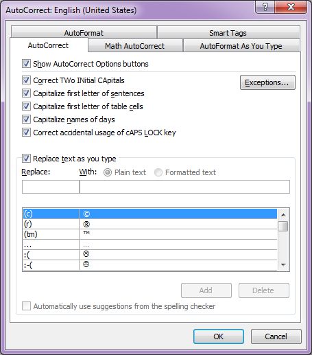 Microsoft Word 2007: AutoCorrect tab
