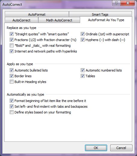 Microsoft Word 2007: AutoFormat as you type tab