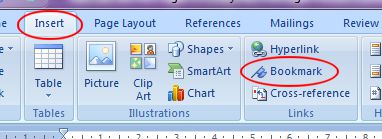 Microsoft Word 2007: Bookmark button