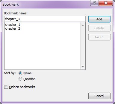 Microsoft Word 2007: Bookmark dialog box