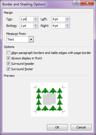 Microsoft Word 2007: Border and Shading Options dialog box