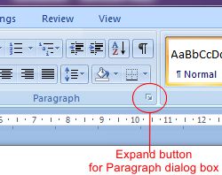 Microsoft Word 2007: Expand button for Paragraph dialog box