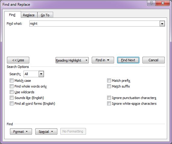 Microsoft Word 2007: Find & Replace dialog box expanded