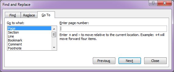 Microsoft Word 2007: Go To dialog box