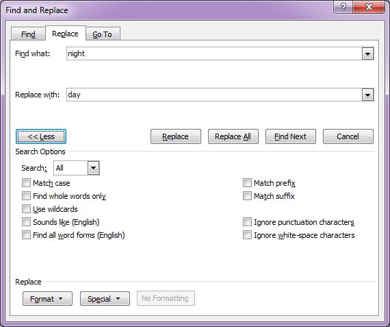 Microsoft Word 2007: Find & Replace dialog box - Replace tab expanded