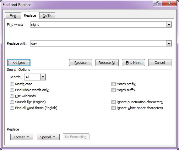 Microsoft Word 2007: Find & Replace dialog box - Replace tab expanded Microsoft Word 2007: Find & Replace dialog box - Replace tab expanded