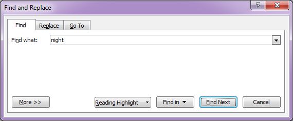 Microsoft Word 2007: Find & Replace dialog box