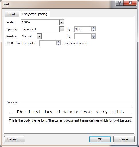 Word 2007 Tutorial: Font dialog box - Character Spacing tab