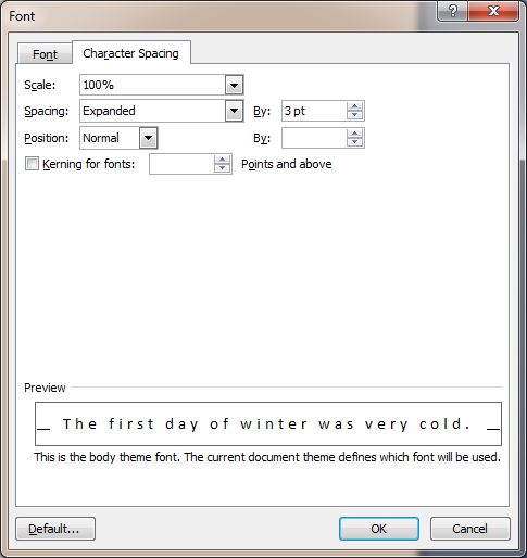 Word 2007 Tutorial: Font dialog box - Character Spacing tab